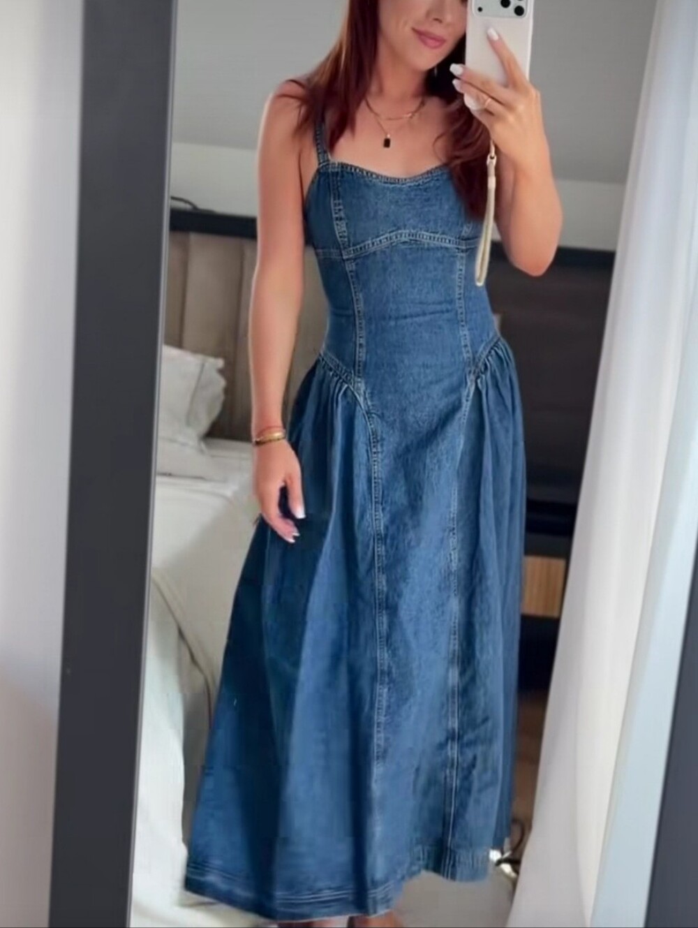 Sz S New H&M Dark Blue Denim Midi Dress with Slim Straps - Picture 4 of 4